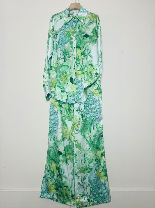 A Women's Retro Geometric Printed Lapel Shirt Two-piece Set + Loose Straight Pants Fashion Set