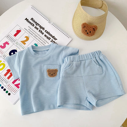 A summer thin baby Korean short-sleeved shorts cotton and linen pit strip suit for boys and girls round neck pullover two-piece suit - Mixbatch