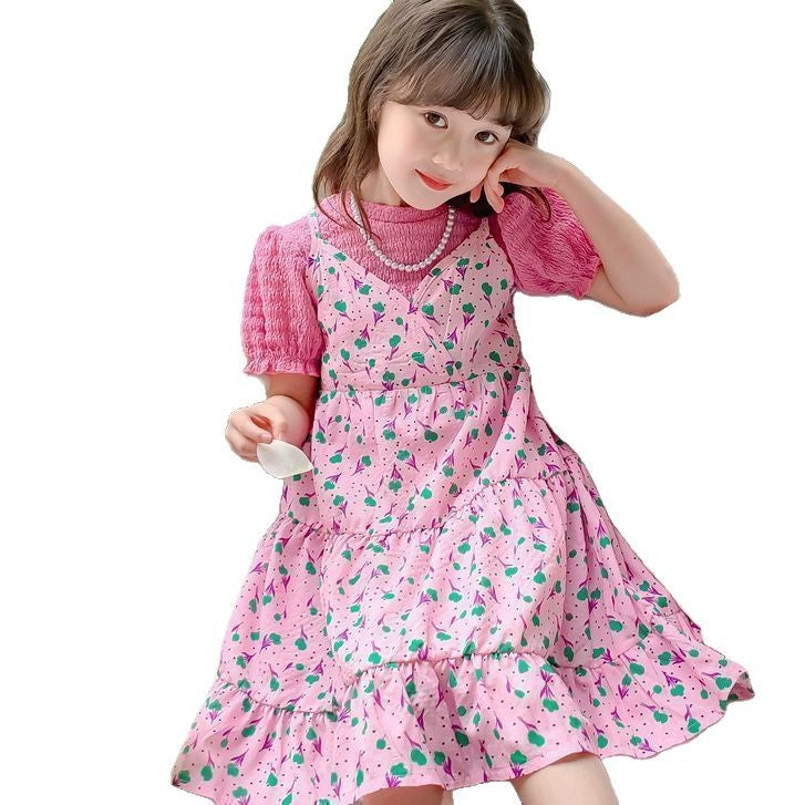 A girls' Korean version of floral small fresh skirt set medium and older children's summer new foreign-style sweet short-sleeved princess skirt tide