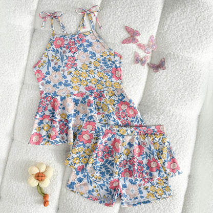 A European and American children's swimsuit girls split swimsuit printed lotus leaf edge skirt swimsuit 3Y-11Y adjustable shoulder strap swimsuit - Mixbatch