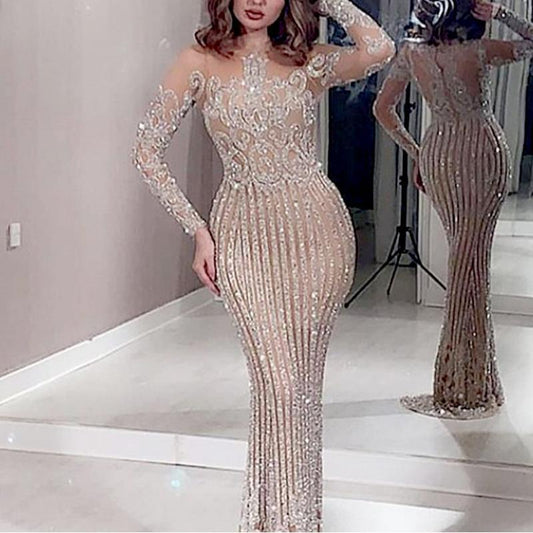 A spring and summer new long dress mid-waist temperament commuting sequins sprinkling gold slim-fitting gold slim-fitting dress