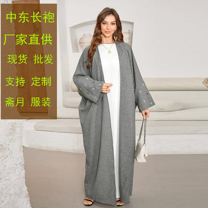 New Muslim Clothing Fashion Elegant Cardigan Embroidered Moon Dress Robe - Mixbatch