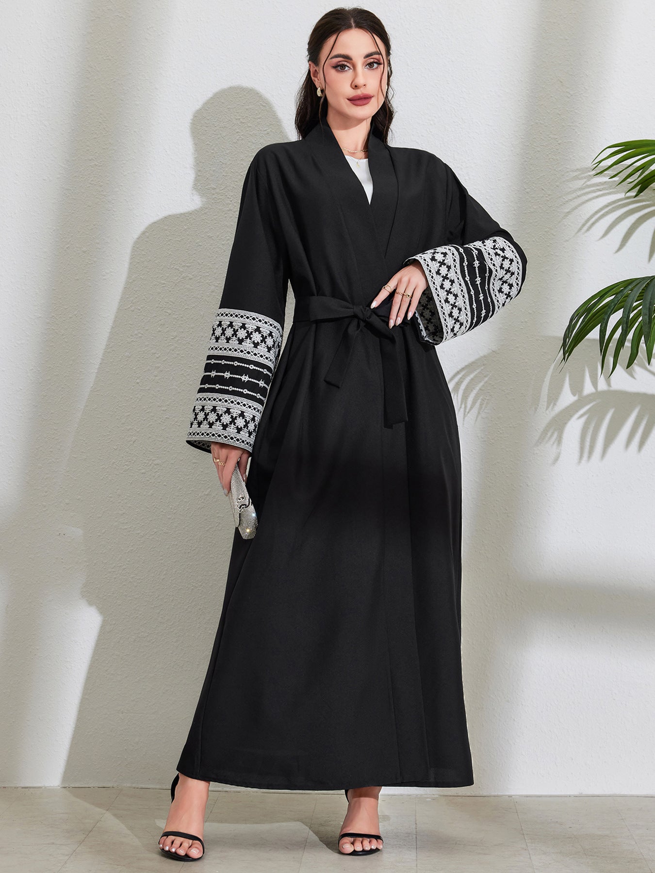 Middle Eastern Muslim Fashion Elegant Cardigan Embroidered Belt Dress Pocket Robe - Mixbatch