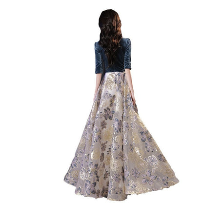 A banquet evening dress V-neck temperament waist long skirt high evening skirt