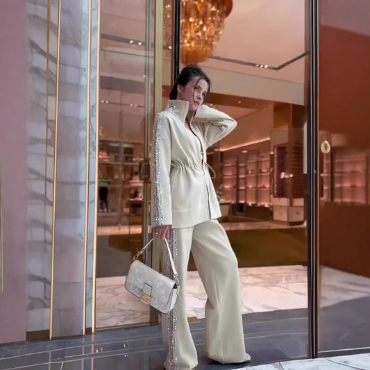 A Fashion Drawstring Waist Top Wide Leg Pants Two-piece Set
