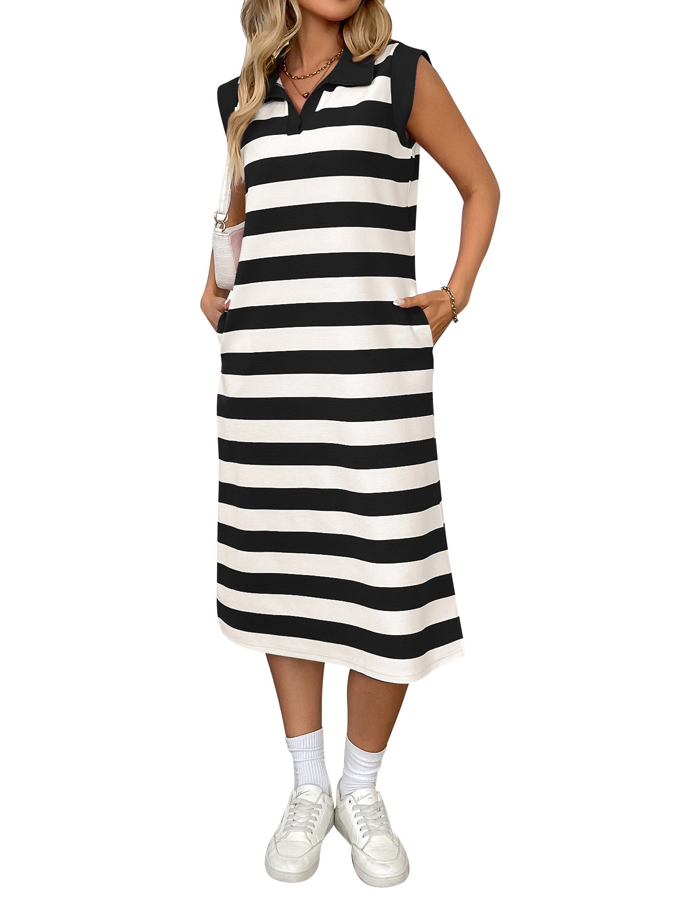 Europe, America cross-border Amazon independent station 2025 summer striped pocket new lapel sleeveless long dress - Mixbatch