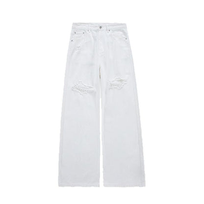 A straight white ripped jeans fashion trendy long pants