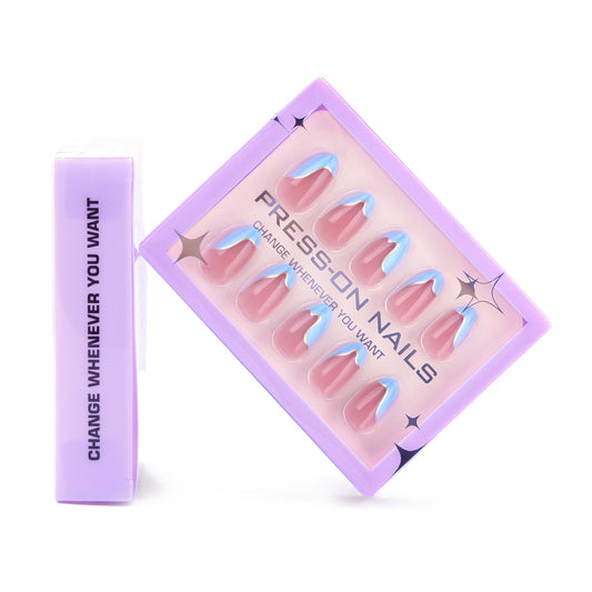 A 30 pieces French blue simple wearing nail advanced feeling coating nail art fake nail cross-border short almond nail piece - Mixbatch