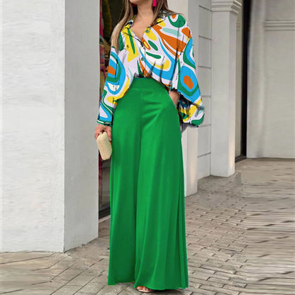 A printed shirt temperament elegant wide-leg pants fashion casual suit