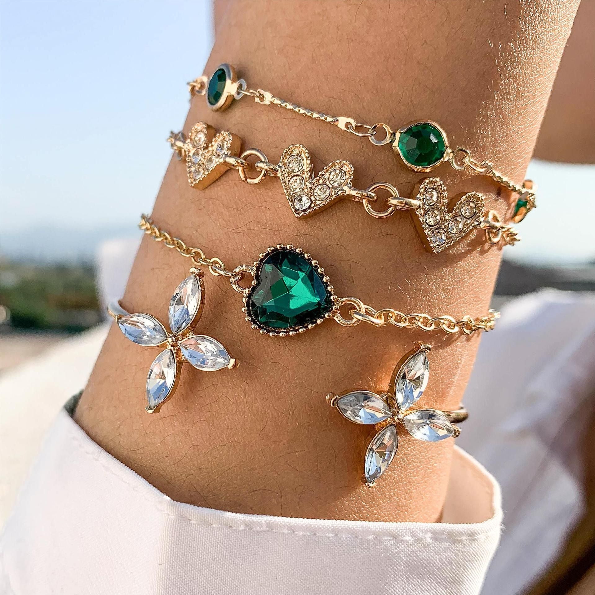 A European and American cross-border, fashionable and retro imitation gemstone love stacking bracelet, niche design sense snake jewelry set - Mixbatch