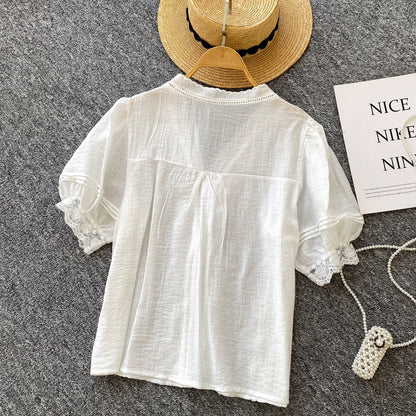 A Versatile Shirt Women's Summer Foreign Style Lace Splicing V-Neck Bubble Sleeve Cardigan Shirt Top