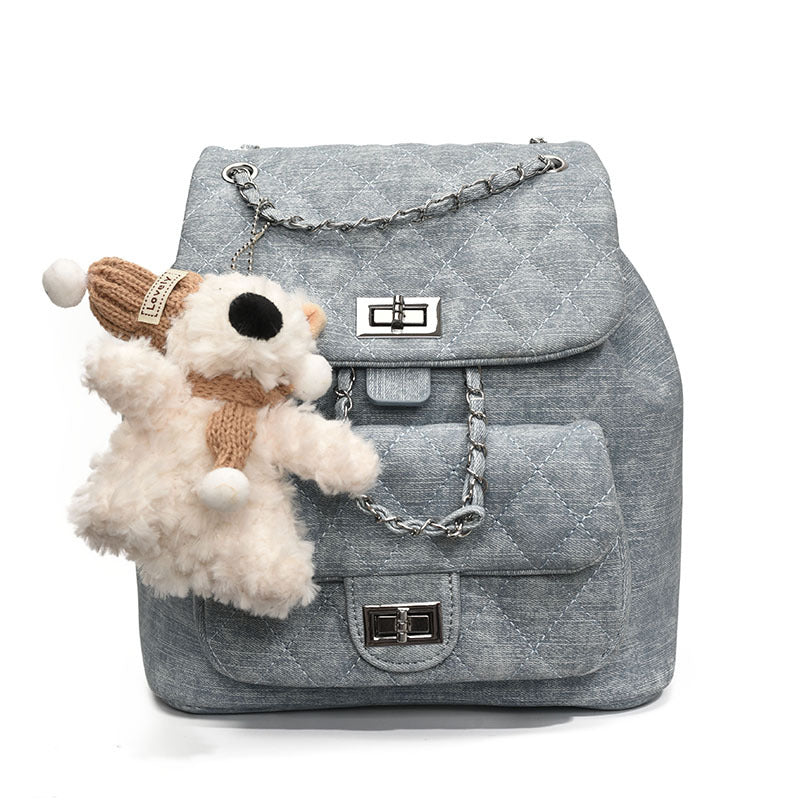 A denim texture small fragrant wind rhombus chain portable small bag fashionable commuter versatile backpack