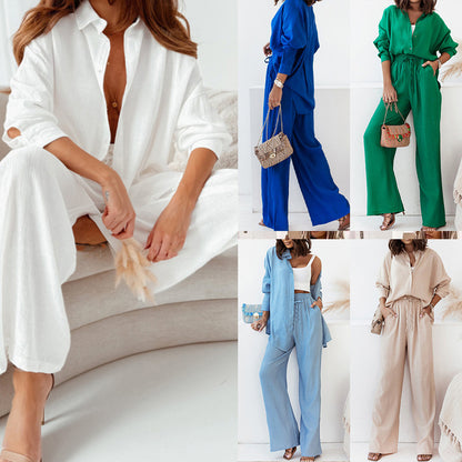 A European and American women's clothing spring new fashion temperament solid color lapel shirt high waist trousers two-piece set women