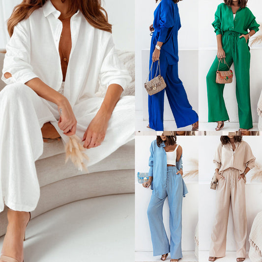 A European and American women's clothing spring new fashion temperament solid color lapel shirt high waist trousers two-piece set women
