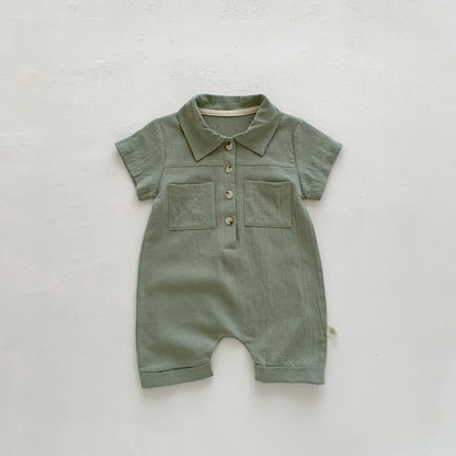 A children's clothing in stock Instagram style Korean version baby short sleeved jumpsuit for boys with open chest lapel work piece climbing suit - Mixbatch