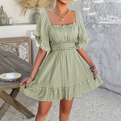 2025 spring and summer European and American leisure vacation style solid color fungus edge short-sleeved dress women's short skirt - Mixbatch