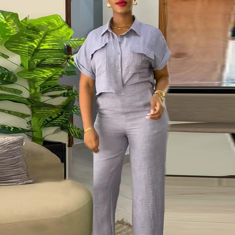 A spring new casual lapel short-sleeved shirt wide-leg trousers fashion suit