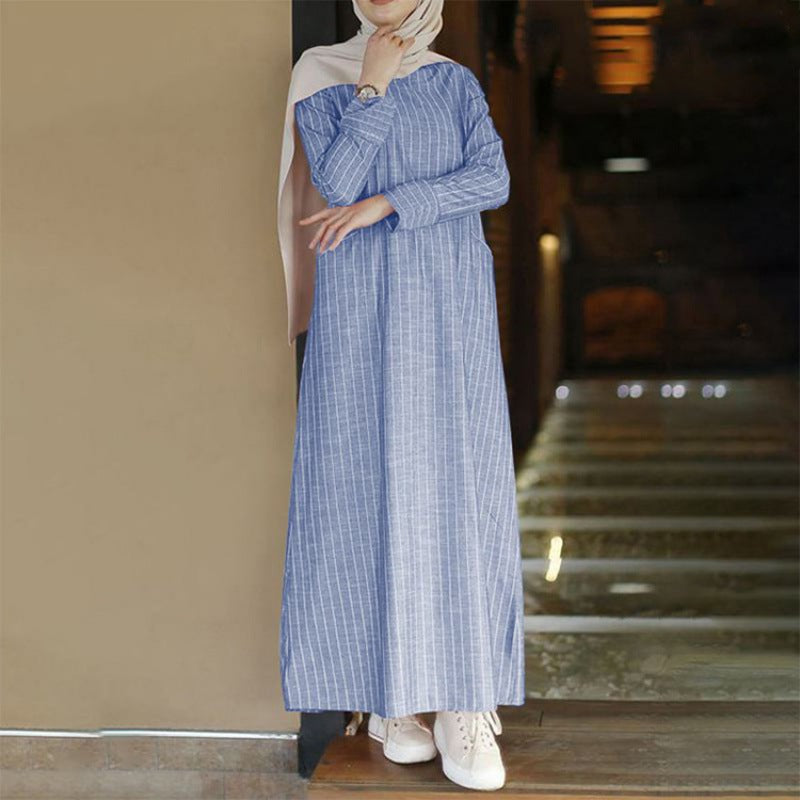 Middle East clothing Muslim women's cross-border supply of literature and art, retro national style, cotton and linen pullover, round neck A-shaped dress, dress - Mixbatch