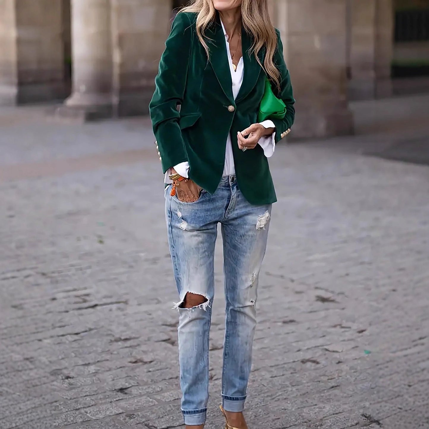 A gold velvet blazer