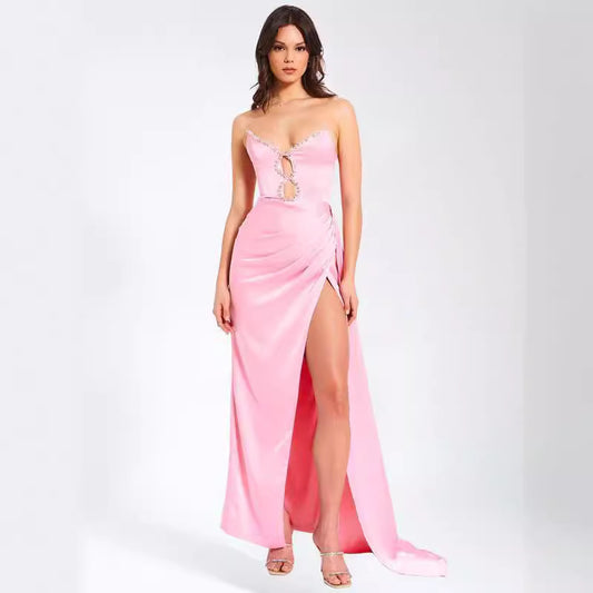 A new pink sexy one-word shoulder handmade hot drill hollow high waist split slim skirt elegant party