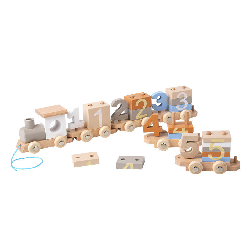 A young children wooden early education enlightenment digital color cognition collage building block drag small train educational toy
