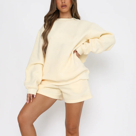 A solid color loose and versatile casual crew neck sweater shorts set - Mixbatch