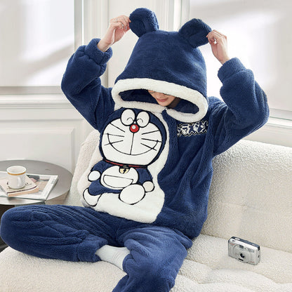 A Autumn and winter coral fleece men's and women's pajamas long-sleeved hooded cartoon flannel thickened couple loungewear warm suit