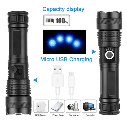 A USB flashlight Outdoor aluminum alloy strong light flashlight, new power display flashlight