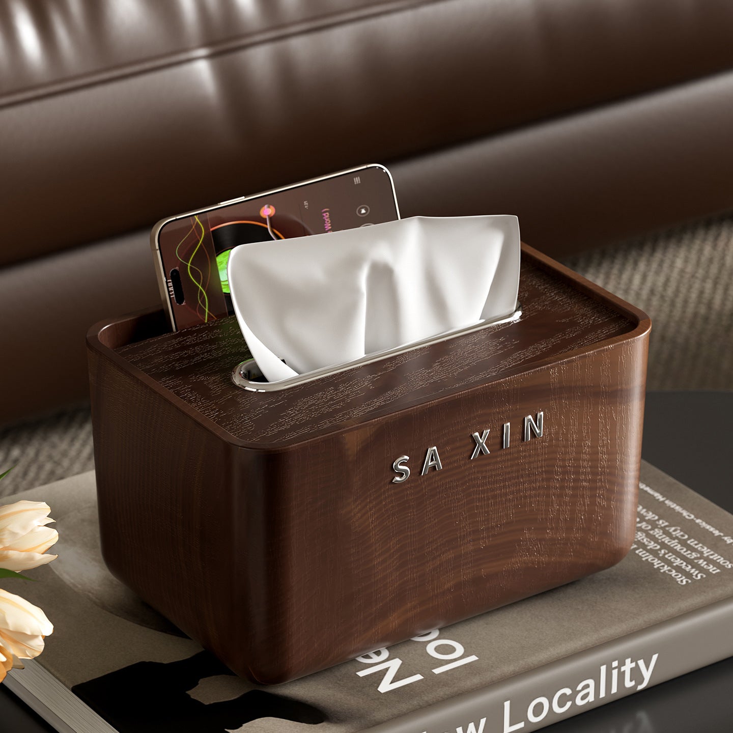 A Wood grain tissue box Living room household paper box Light luxury high-end creative napkin B & B hotel coffee table paper box