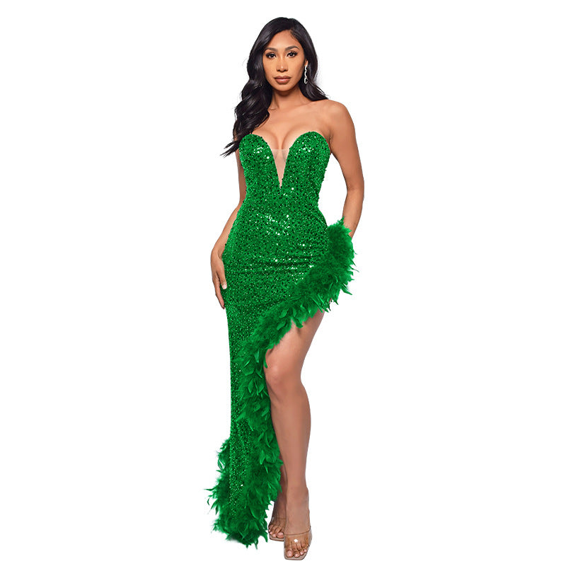 A ins European and American cross-border women's clothing wish Amazon ebay independent station tube top backless sequined feather dress women