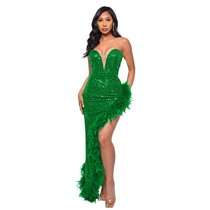 A ins European and American cross-border women's clothing wish Amazon ebay independent station tube top backless sequined feather dress women