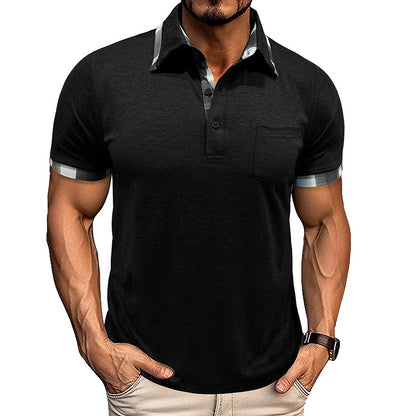 A European and American men's clothing summer lapel plaid short-sleeved POLO shirt top cross-border men's pocket fashion polo jersey Henry