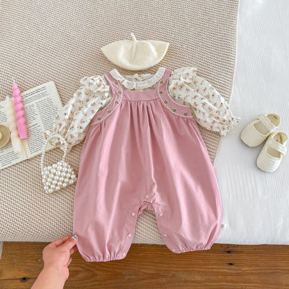 A Baby one-piece bib pants girl one-piece crawler suit floral shirt set baby foreign style outing two-piece set - Mixbatch