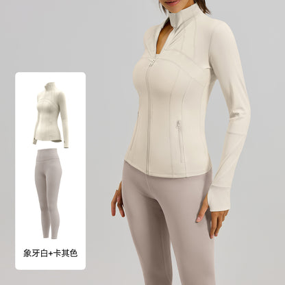 A Cross-border solid color splicing sports suit, slim fit training, fitness yoga clothes, women with pockets