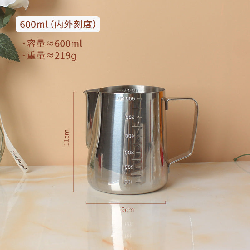 A 304 stainless steel pointed mouth latte cup with graduated coffee latte tank milk foam cup 350/600/900ml