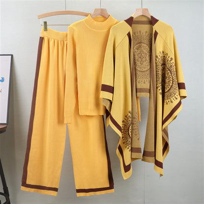 A long-sleeved knitted sweater + shawl + pants three-piece set