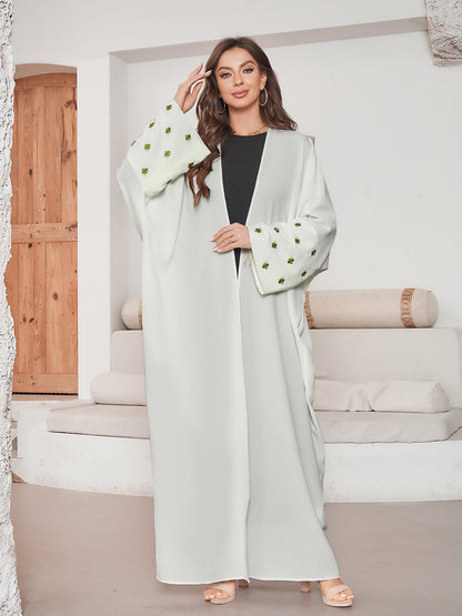 Middle Eastern Muslim Embroidered Clover Fashion Cardigan Dress Robe White Dress Bat Sleeve - Mixbatch