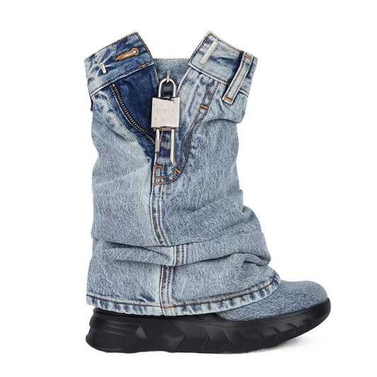A Round Head Thick Bottom Wedge Heel Black Denim Metal Lock Shark Boots Short Large Size Pants Boots