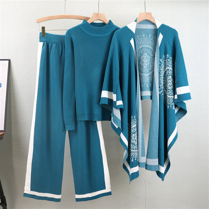 A long-sleeved knitted sweater + shawl + pants three-piece set