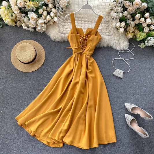 A backless solid color waist V-neck long dress women's dress