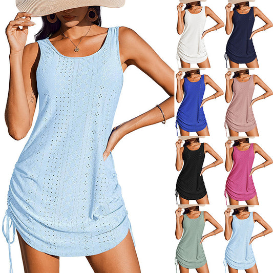 European and American cross-border Amazon TK2025 new round neck casual drawstring sleeveless vest beachwear women's dress
