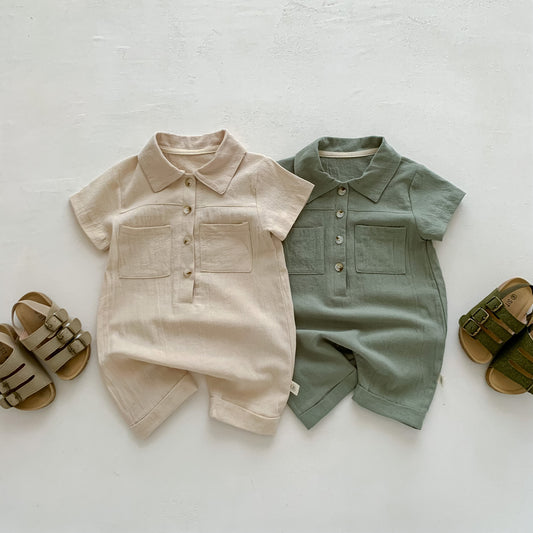 A children's clothing in stock Instagram style Korean version baby short sleeved jumpsuit for boys with open chest lapel work piece climbing suit - Mixbatch