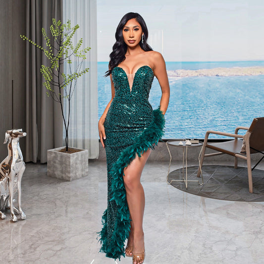 A ins European and American cross-border women's clothing wish Amazon ebay independent station tube top backless sequined feather dress women