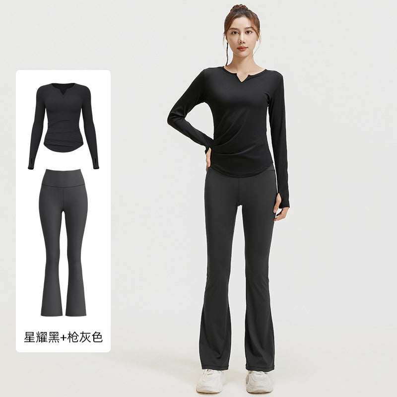 A autumn v-neck yoga suit pleated naked feeling slim and thin long fitness suit women