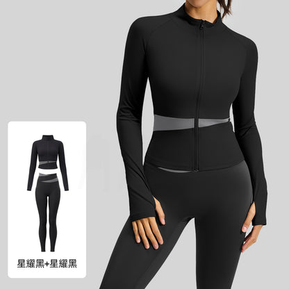 A color matching three-piece nude yoga suit running waist fitness suit women