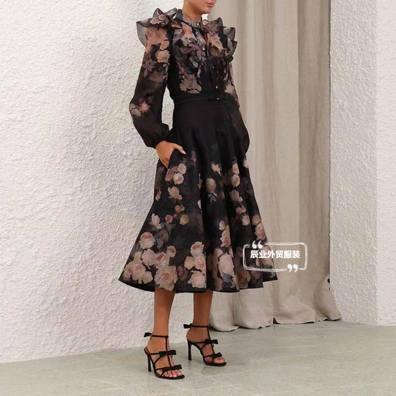 A European summer new heavy craft ruffle edge lantern sleeve shirt + large skirt set
