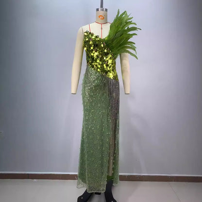A green sequined luxury feathers sexy high split tube top dress haute couture dinner red carpet performance dress