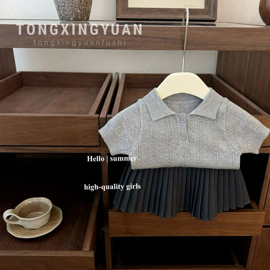 A baby academy style short-sleeved polo needle knitted shirt fashionable pleated skirt set - Mixbatch