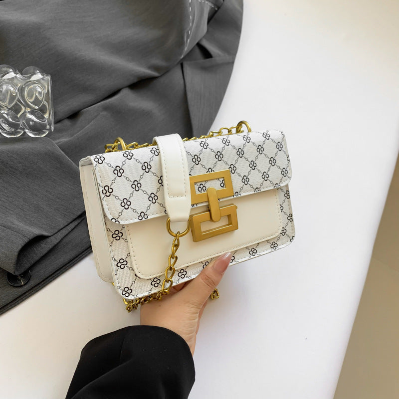 A new simple foreign style shoulder bag fashion chain retro lock small square bag printed messenger bag - Mixbatch