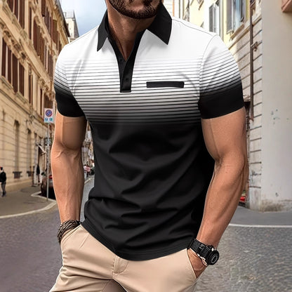 A European and American cross-border explosion Men's summer business fashion casual sports short-sleeved striped printed lapel polo shirt